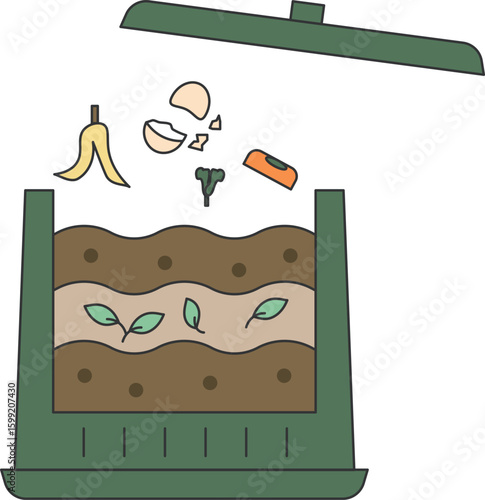 Compost Bin Cross Section Illustration

An illustration of a compost bin showing a cross-section with food scraps being added and soil layers. Ideal for environmental education