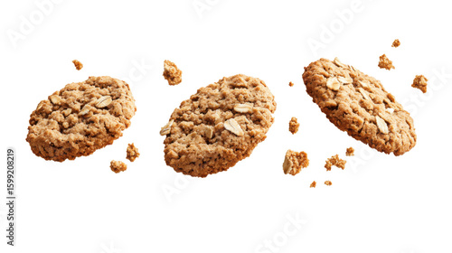 Crumbs integral wholewheat biscuit with oatmeal, cookie flying, isolated on white background