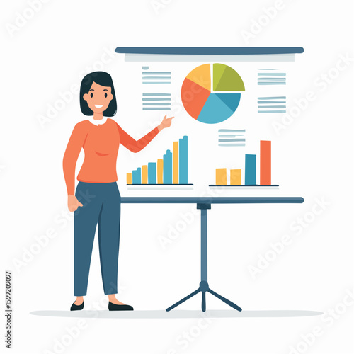 Vector flat of a business team analyzing printed graphs and digital reports on a screen during a meeting, clean office setting