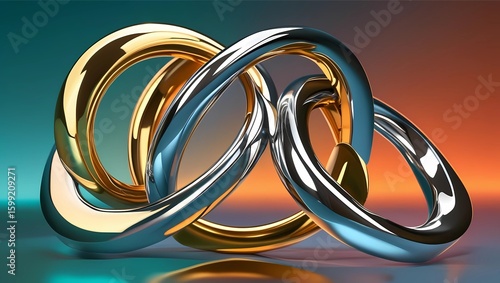 Abstract design of intertwined golden and silver rings, reflecting on a gradient background.