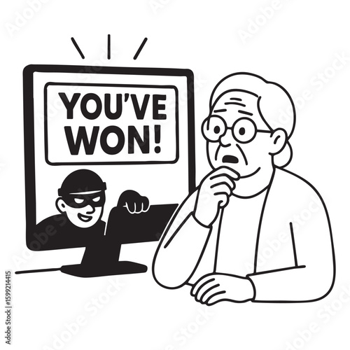 Surprised elderly person looking at computer screen displaying scam message about winning
