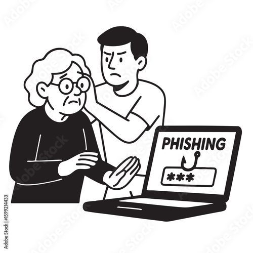 Illustration of concerned elderly woman being warned about phishing scams by young man