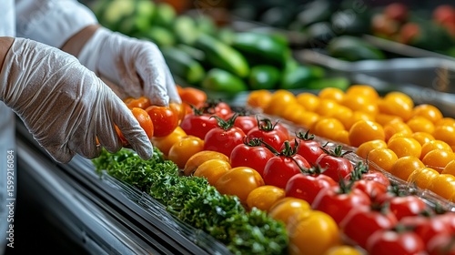 Person in protective gloves handling colorful tomatoes.