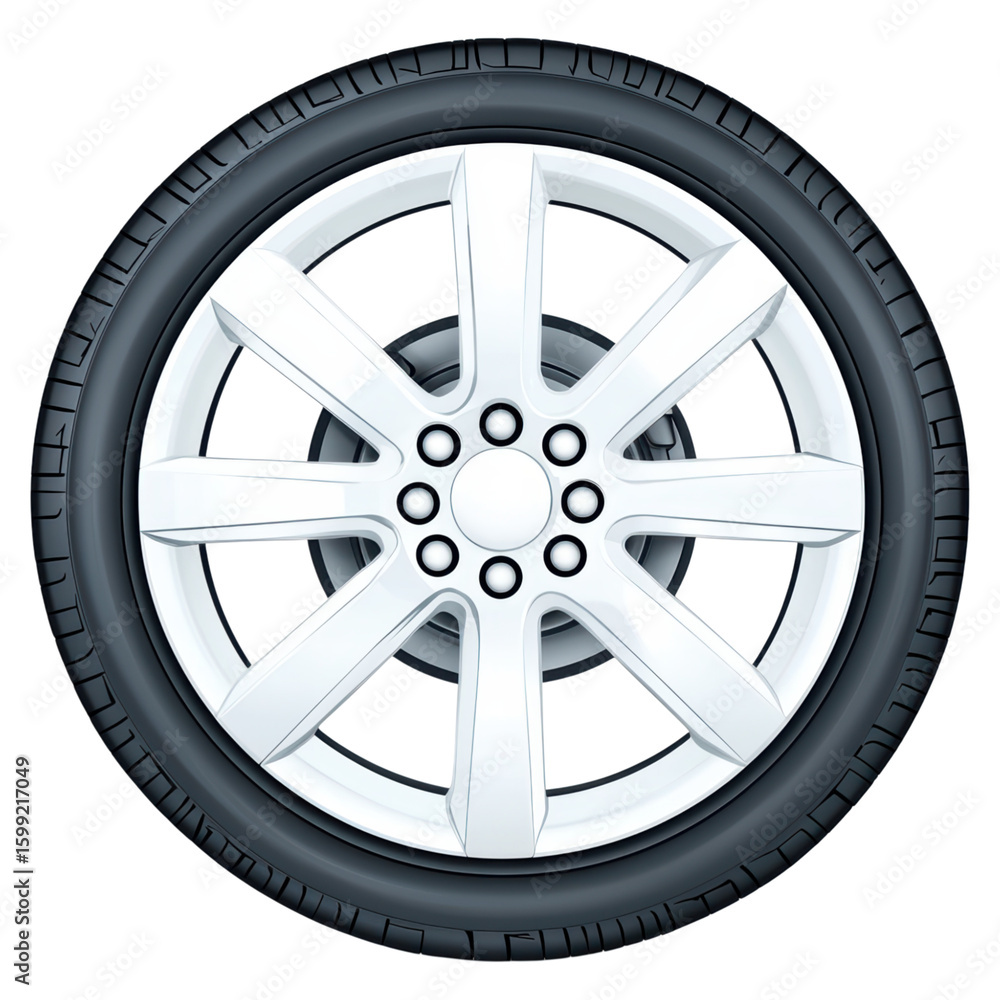 Detailed Car Wheel Design with Black Tire and Silver Rims isolated on transparent background. Detailed Car Wheel Design with Black Tire and Silver Rims isolated on transparent background.