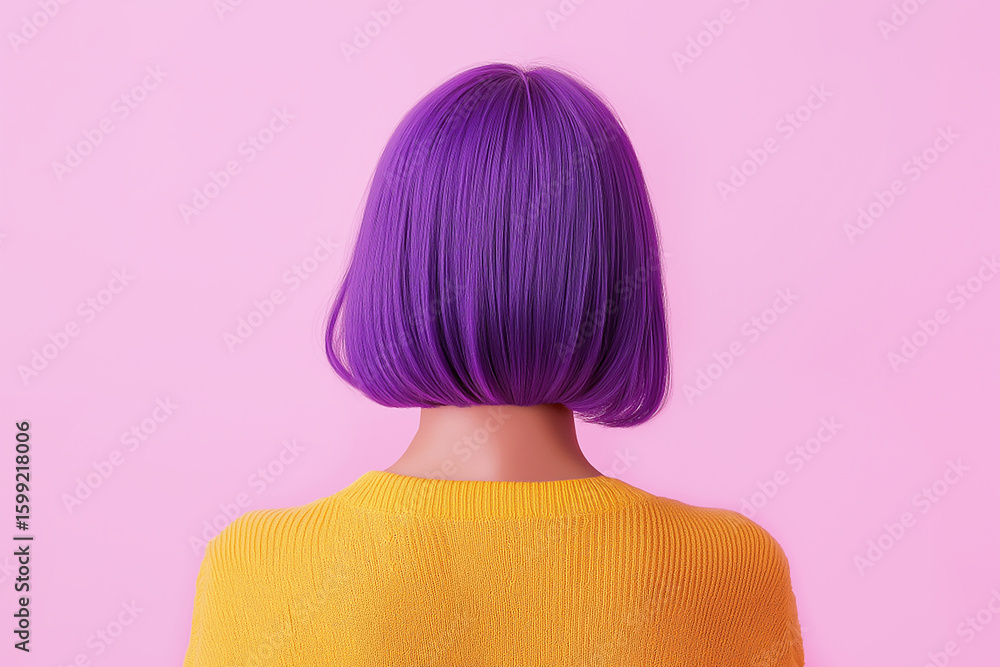 Fototapeta premium Portrait of a woman with purple hair on pink background close-up, rear view.