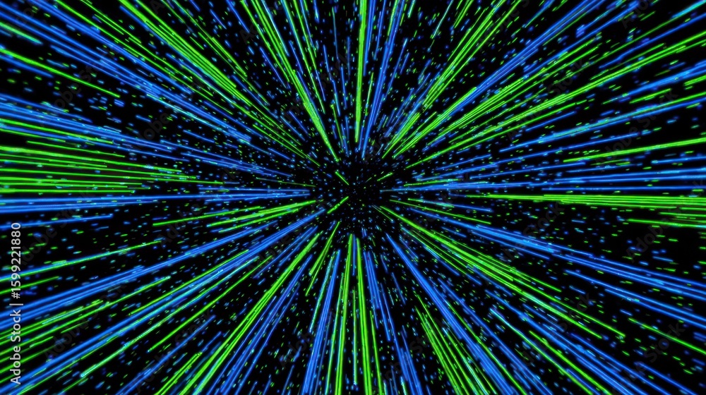 Obraz premium Abstract image of radiating green and blue lines on a black background.