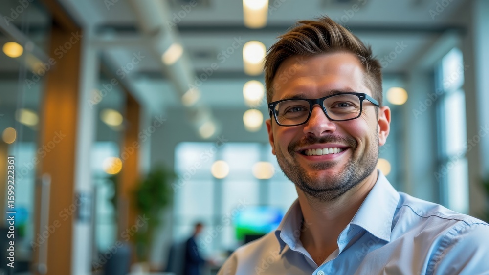 Obraz premium Confident man smiling in modern office environment showcasing positive impact of women in blockchain industry