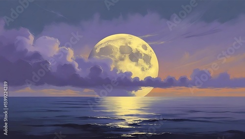 Serene night seascape with a large, luminous moon rising over calm ocean waters, partially obscured by clouds.