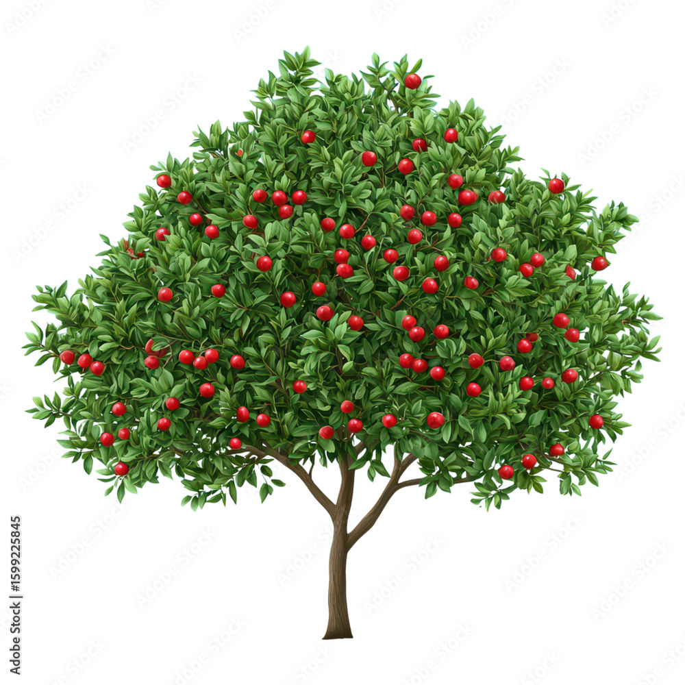 Fototapeta premium Lush Apple Tree with Abundant Red Fruits and Green Leaves isolated on transparent background.