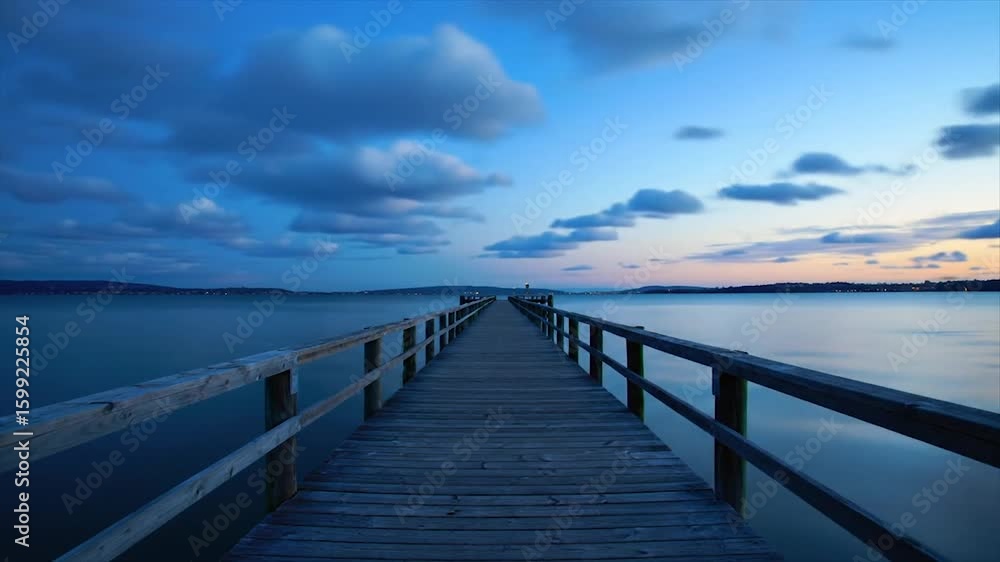 Wooden pier at twilight over calm water. Peaceful lakeside dock during dusk. Scenic waterfront walkway with reflective water. Wooden pier at twilight over calm water. Peaceful lakeside dock during dusk. Scenic waterfront walkway with reflective water.