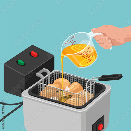 Pouring Yellow Oil Into Deep Fryer with Chicken on Light Blue Background
