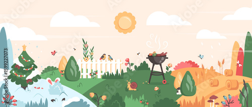 4 seasons background. Winter, spring, summer, autumn. Horizontal Decorative Printable design with Nature elements. Four season landescape. Vector illustration with Christmas tree, wild floral, animals