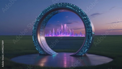 A futuristic portal structure stands in a field, showcasing a vibrant cityscape within its circular frame.