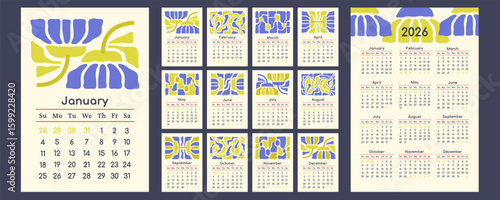 Yearly Calendar 2026 template for wall print, desktop. Vertical daily planner with minimalist design. Matisse flowers art. Monthly pages for business. Week starts on Sunday. Vector flat illustration