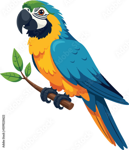 A vibrant blue and yellow macaw, a colorful tropical bird, perches on a branch, showcasing its striking feathers and beak