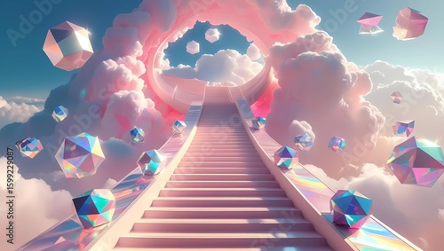 A pink staircase leads upwards through fluffy clouds towards a circular opening in the sky, surrounded by floating geometric diamond shapes.