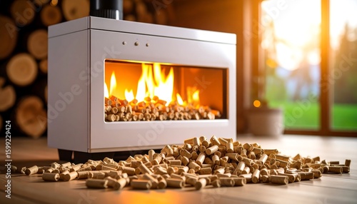 Modern white pellet stove with wood pellets