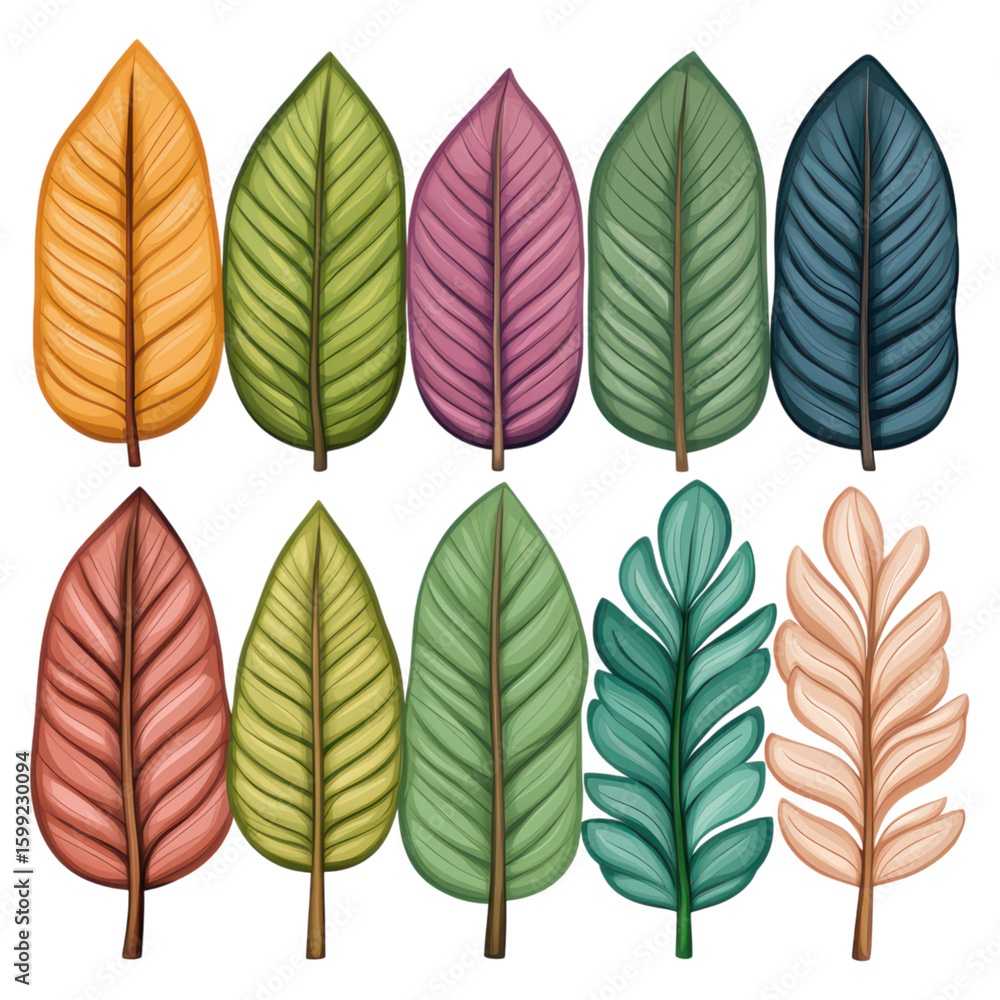 Obraz premium Colorful Leaves Collection in Various Shapes and Designs isolated on transparent background.