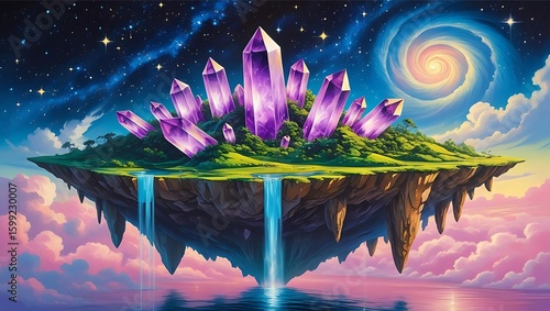 Floating island adorned with purple crystals, waterfalls, and a starry night sky.