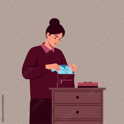 Young Woman Packing Light Blue Shirt in Bag on Dresser