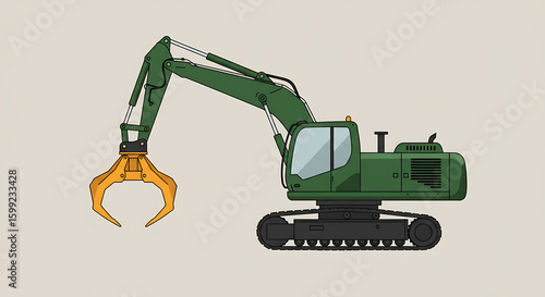 Vector icon of a green industrial excavator with a hydraulic grapple claw. Heavy machinery for demolition and material handling.