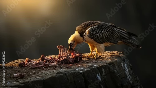Vulture feeding on carcass on rock