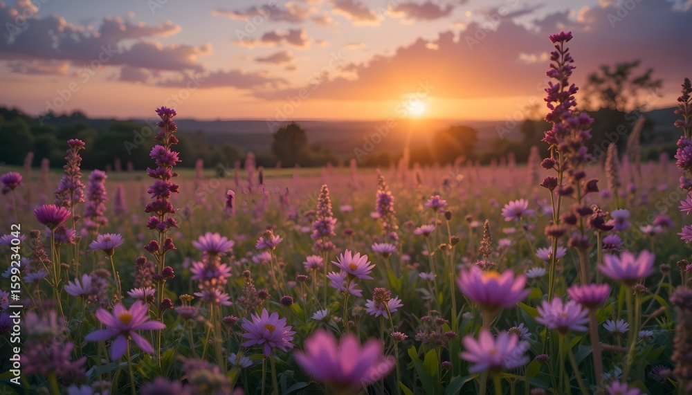 Fototapeta premium Breathtaking flower-filled meadow at sunset with blooming violet and pink wildflowers, capturing peaceful countryside charm, soft skies, and serene natural beauty.
