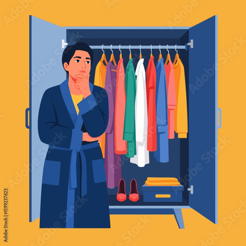 Pensive Man in Blue Robe Choosing Clothes From Open Closet