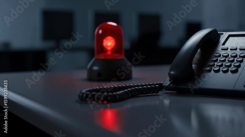 Emergency phone with red siren on desk. Alert, hotline concept. Technology.
