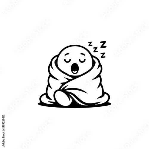 Sleeping Baby Swaddled in Blanket Cute Black and White Cartoon Illustration