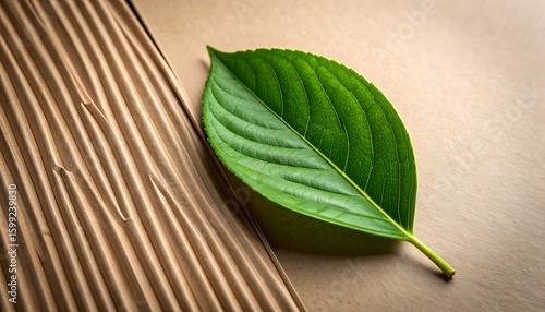 Green leaf on a corrugated cardboard background