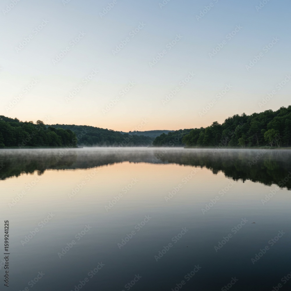 Fototapeta premium Serene Lake at Dawn with Misty Reflections