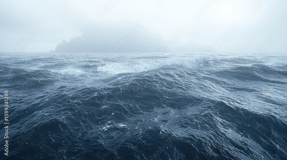 Fototapeta premium Turbulent Ocean Waves Crashing Against Distant Foggy Islands