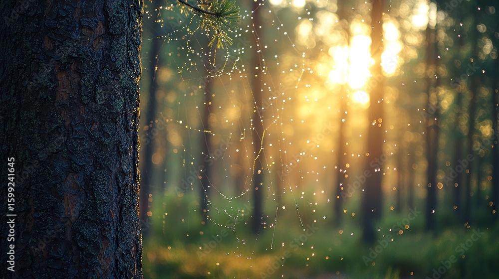 Obraz premium Golden Sunlight Filtering Through a Pine Forest