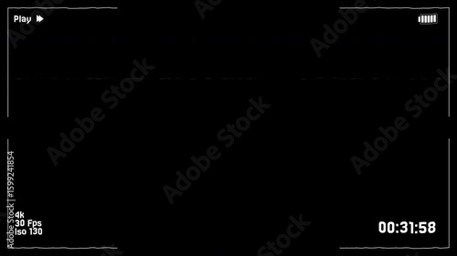 VHS Play Overlay, animated video home system from old camera film screen with black background and glitch effect