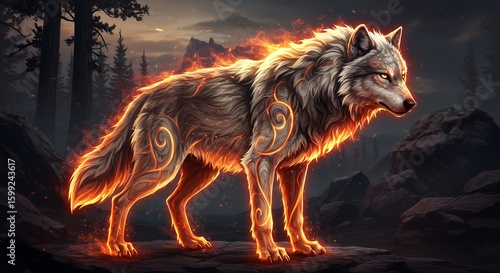 Fire Elemental Wolf in Dark Forest Scene with Glowing Flames and Mystical Atmosphere