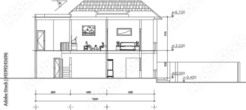 Vector sketch illustration silhouette drawing architectural design site plan layout section view facade of a simple modern two-story house with scale size