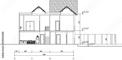 Vector sketch illustration silhouette drawing architectural design site plan layout section view facade of a simple modern two-story house with scale size
