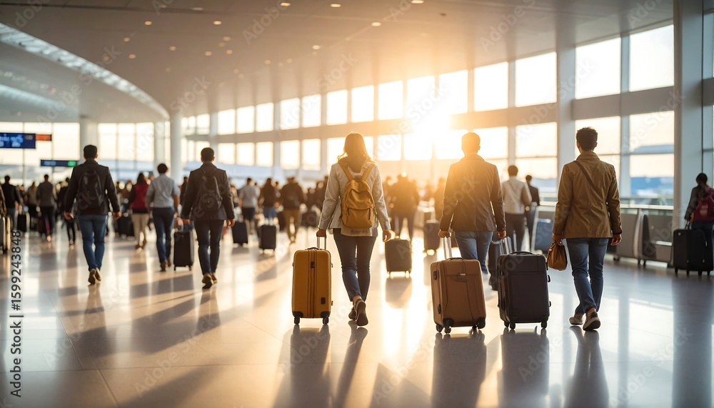 Fototapeta premium Crowded airport terminal at sunset