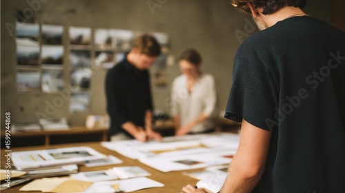 A group of people collaborate over documents and photos spread across a table in a creative workspace.