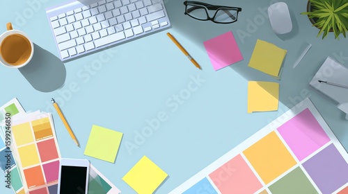 A creative workspace with a keyboard, mouse, glasses, coffee, pencils, sticky notes, color swatches, smartphone, and a plant on a light blue desk.