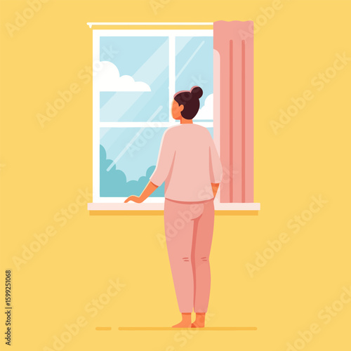 Pensive Woman Looking Out Window in Light Room Wearing Pink Pajamas