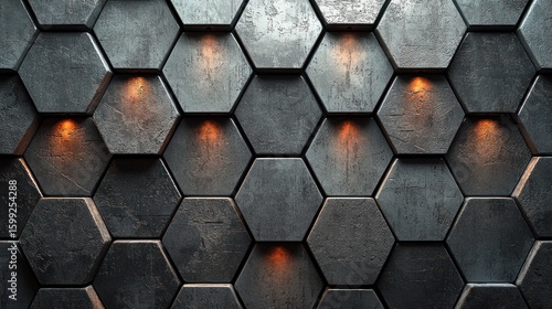 Abstract Hexagonal Metal Wall with Glowing Lights: Modern Industrial Design Texture