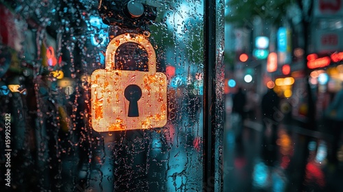 Rainy Night Cityscape with Illuminated Padlock Symbol on Wet Glass
