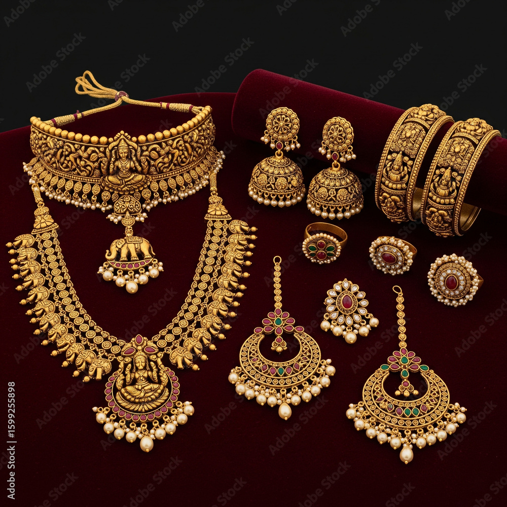 Obraz premium Traditional Indian Gold Temple Jewelry Set on Rich Red Velvet - Bridal Choker, Long Haram, Jhumkas, Bangles, and Rings with Gemstones and Pearls