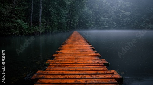 Misty Lake and Wooden Bridge: A Serene Path