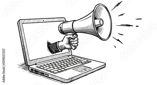Vintage Hand Drawn Engraving of Hand Holding Megaphone from Laptop Screen – Retro Black and White Woodcut Illustration vector.