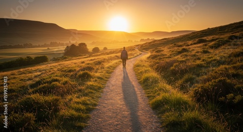 Person Walking on Path at Sunset in Rolling Hills