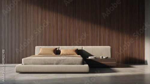 Modern bedroom with wooden wall