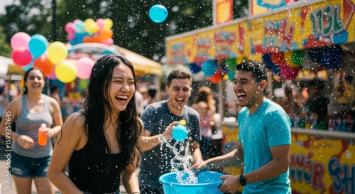 Happy Friends Playing Water Balloon Games at Summer Festival